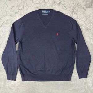 Vintage Polo Ralph Lauren Blue Label 100% Pima Cotton V-Neck Sweater US Size XL‎
